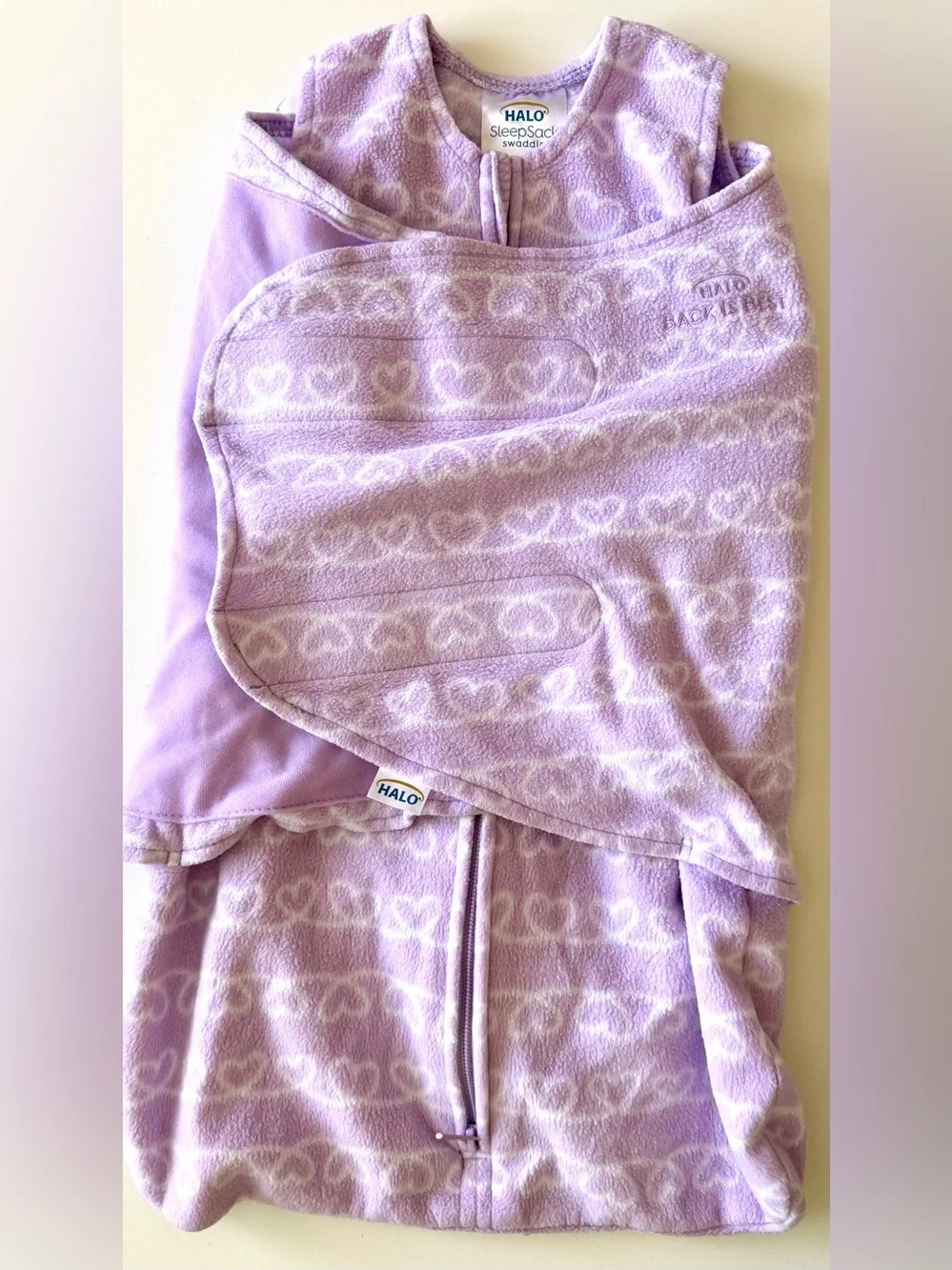 Halo Newborn 0-3 Months Swaddle Micro-Fleece TOG 3.0 Purple, White Hearts 💟